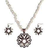 TOPACC Navajo Pearl Necklace Western Jewelry Set for Women Turquoise Necklace with Earrings Ring Cowgirl Accessory