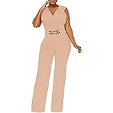 Women's Summer Formal Dressy Jumpsuits Elegant V Neck Sleeveless Party Rompers Stretchy Wrap Wide Leg Long Pants Clubwear