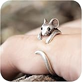 925 Sterling Silver Plated Rat Open Ring for Women,Cute Mouse Animal Cubic Zirconia Rings Adjustable Handmade Burnished Party Birthday Gift Jewelry Comfort Everyday Ring