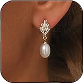 STONEFANS Pearl Earrings for Women - 14K Gold Plated Leaf Flower Bar CZ Pearl Drop Dangle Dainty Gold Earrings for Women Trendy Wedding Jewelry Bridesmaids Gifts