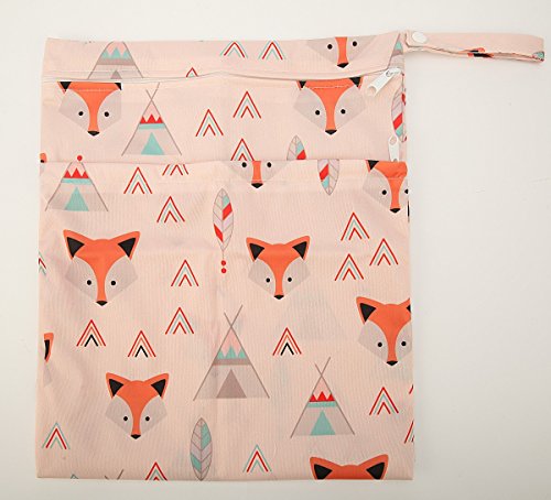 Wet Dry Bag Baby Cloth Diaper Nappy Bag Reusable with Two Zippered Pockets (Baby Fox)