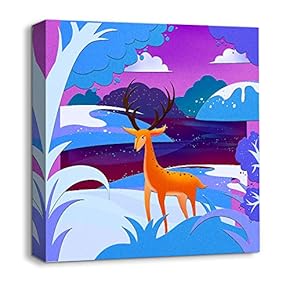 Canvas Wall Art Snow Deer Merry Christmas Painting Artwork for Home Prints Framed - 12x12 inches