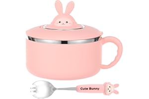 ZFLYCANP 40.6Oz Ramen Bowl with Lid and Handles, Cartoon Instant Noodle Bowls, PP and Stainless Steel, Large Capacity and Dra