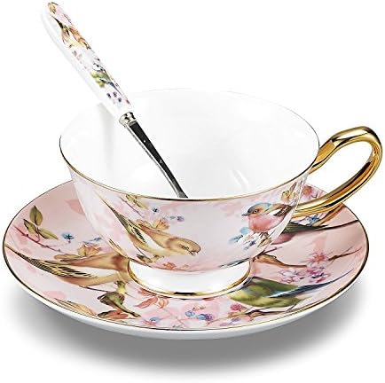 NDHT Pack of 2 Bone China Teacups/Coffee Cups & Saucers Sets with Spoons-6.7Oz, for Home, Restaurants, Display & Holiday Gift,Pink Bird,With Gift Box(2 Sets)
