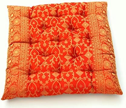 Embroidered Indian Sari Cotton Filled Chair Cushion (Saffron)