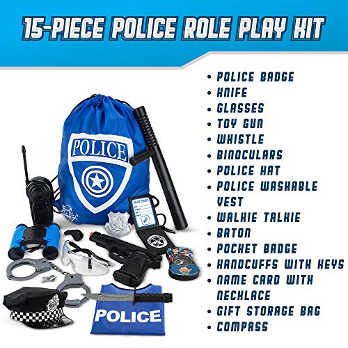 Police Officer Role Play Kit - 15 Piece Policeman Pretend Play Set - Hat Vest Badge Handcuffs Binoculars - Cop Costume Accessories - Detective, Swat Gear for Kids Dress Up - Bag for Halloween Included