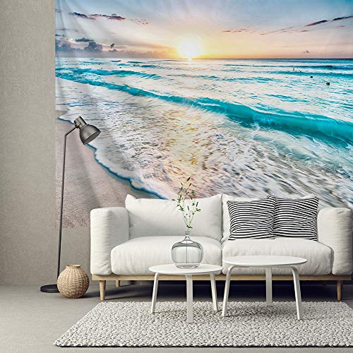 HIYOO Home Nature Art Wall Hanging Fabric Tapestry, Tropical Ocean Sea Coast Sand Beach Waves Theme Design, Decor for Party, Dorm Room, Bedroom,Living Room 90" W x 60" H - Sunrise