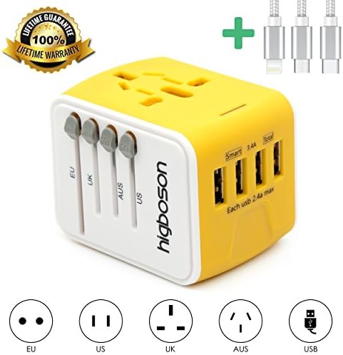 higboson Universal Travel Adapter International High Speed 4 ports 3.4A USB Worldwide AC Wall Outlet Power Plug Charger for UK AU US Europe Asia (3 charging cables included)
