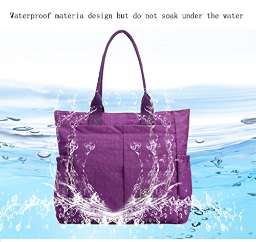 Nylon Water Resistant Multi Pockets Large Lightweight Tote Bag Shoulder Bag for Gym Hiking Picnic Travel Beach Waterproof Tote Bags (Dark Blue HB)