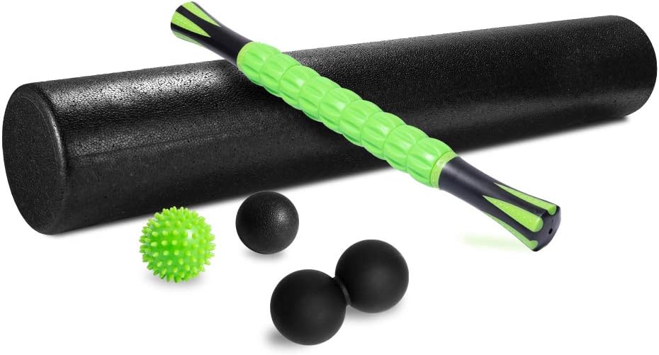 Comgrow 36" High-Density Round Foam Roller, 5-in-1 Foam Roller Exercise Set with Massage Roller Stick, Spiky Massage Ball, Deep Tissue Ball and Peanut Massage Ball for Muscles