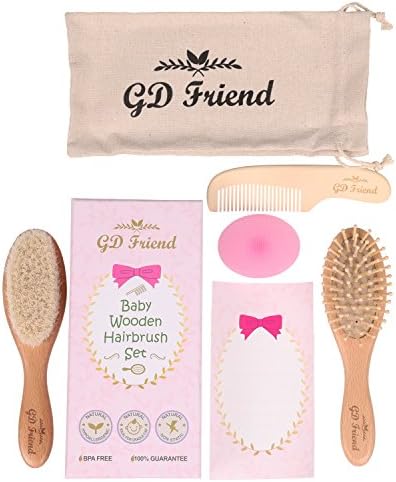 GDFriend 6 Piece Baby Wooden Hair Brush and Comb Set | Natural Soft Goat Bristles Hair Brush for Cradle Cap | Wood Bristles massage for Newborns and Toddlers | Premium Baby Shower &amp; Registry Gift