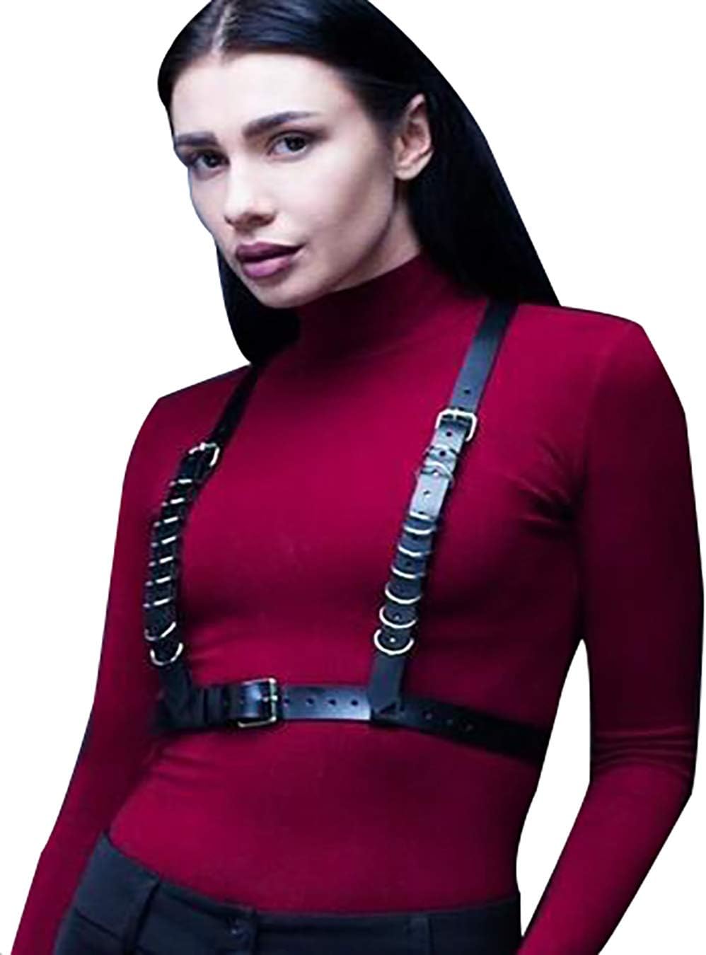 Women's Waist Belts PU Leather Adjustable Body Chest Harness Belt with Buckles Rings Punk Costumes(SS10Black)