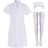 mifengda 3pcs Nurse Costume for Women White Short Sleeve White Lab Coat Doctor Costume Halloween Nurse Dress Outfit