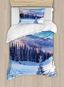 Ambesonne Winter Duvet Cover Set Twin Size, Surreal Winter Scenery with High Mountain Peaks and Snowy Coniferous Pine Trees, Decorative 2 Piece Bedding Set with 1 Pillow Sham, Blue