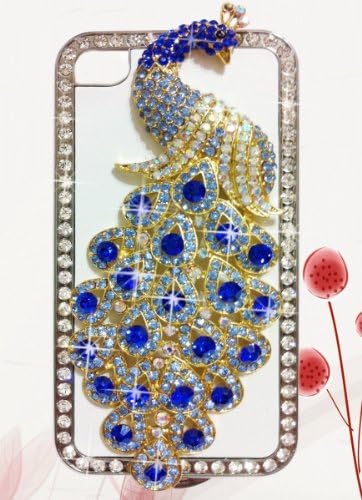 Luxury Designer Handmade Blue Peacock Rhinestones Bling Crystal Case for Apple Iphone 4 and 4s
