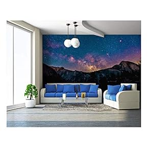 Colorful Nebula on Starry Night Sky Over Mountain - Removable Wall Mural | Self-Adhesive Large Wallpaper - 66x96 inches