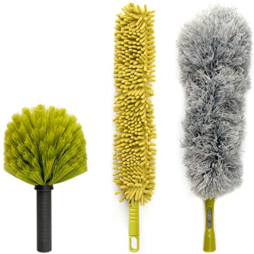 DocaPole Dusting Kit for Extension Pole or by Hand | Cleaning Kit Includes 3 Dusting Attachments | Cobweb Duster | Microfiber Feather Duster | Flexible Chenille Ceiling Fan Duster