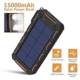 AMAES Solar Charger 15000mAh, Portable Phone Charger External Battery Pack with 1.5W High Efficiency Solar Panel, Dual USB Output Ports, Flashlight, Carabiner, IP65 Rainproof for Camping, Fishing