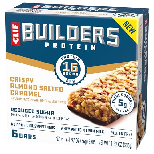 CLIF BUILDERS PROTEIN BARS – CRISPY ALMOND SALTED CARAMEL – REDUCED SUGAR – GLUTEN FREE – 16G PROTEIN – NO ARTIFICIAL SWEETENERS – 1.97 OZ. (6 PACK)