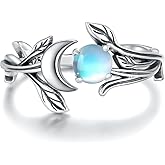 Mic Tai 925 Sterling Silver Opal Turquoise Moonstone Moon Ring - Adjustable Vintage Crescent Moon Ring Fire Opal Planet Earth Jewelry for Women
