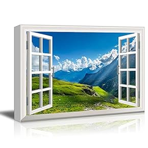 Canvas Wall Art - Window Peering into a Beautiful Mountain Range with Clouds - Giclee Print Gallery Wrap Modern Home Art Ready to Hang - 12x18 inches