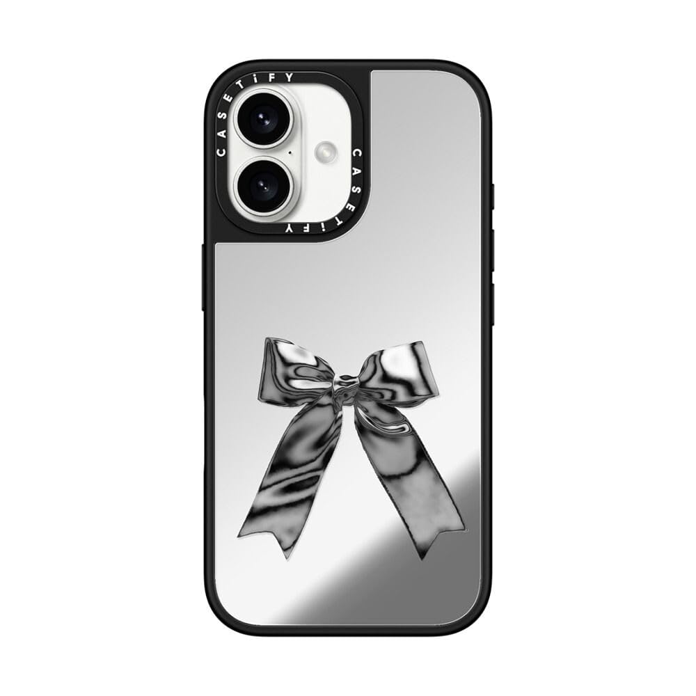 CASETiFY Mirror iPhone 16 Case [Reflective / 4.9 ft. 1X Military Grade Drop Protection/Compatible with Magsafe] - Metallic Ribbon - Silver on Black
