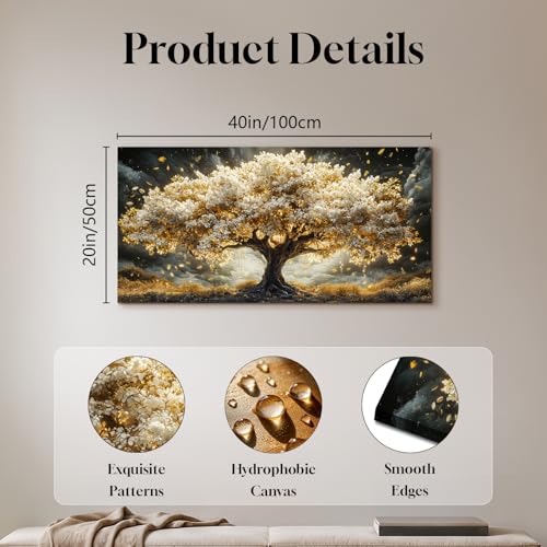 JHHUAMO Cuadros Decoracion Salon Modernos, Lienzos Decorativos Grandes, Laminas Decorativas Dorado Árbol de la Vida, Pinturas Naturaleza Artística Dormitorios Oficina Habitacion Pasillo 50x100 cm