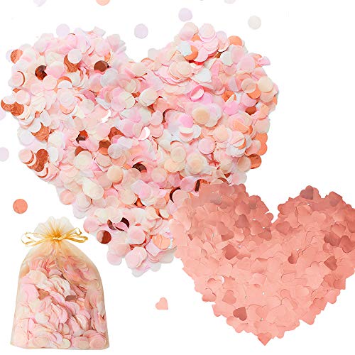 SnailGarden 7000 Pieces Paper Confetti, Includes 6000 Pieces Round Silk Paper, 1000 Pieces Sparkling Heart Confetti for Table Decoration and 1 Organza Bag