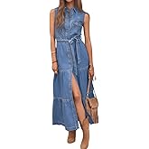 chouyatou Women's Summer Button Down Denim Shirt Dress Business Casual Belted Sleeveless Midi Long Jean Dress