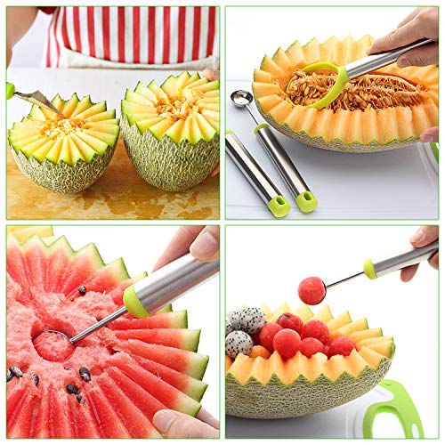 4 Pack Fruit Slicer Carving Set, Stainless Steel Watermelon Windmill Slicer Corer Cutter Knife Tongs & Fruit Scoop Dig Pulp Separator & Melon Baller Scoop and Fruit Carving Knife - Thumbnail 4