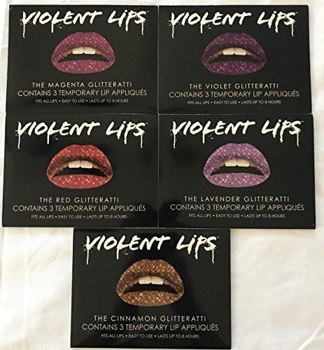 Violent Lips Glitterati Set of (15) Temporary Lip Appliques - in 5 Colors - Lavender, Violet, Magenta, Cinnamon and Red