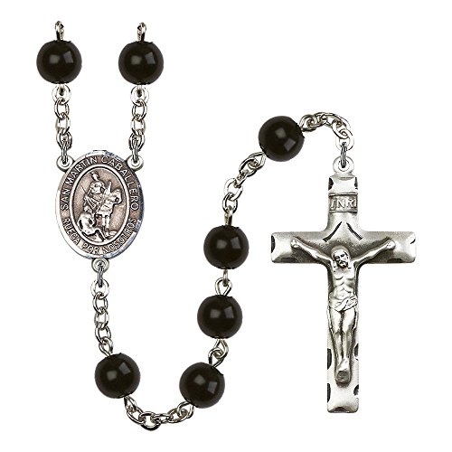San Martin Caballero Silver-Plated Rosary 7mm Black Onyx Beads Crucifix Size 1 3/4 x 1 medal charm
