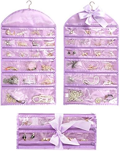 Ominic Hanging Pocket Travel Jewelry Holder Organizer Roll Wall Mounted with Zippers Accessory Storage Bag, Rolls Up, 40 Pockets, Dual Sides, Premium Hanger (Purple)