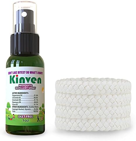 Kinven Anti Insect Repellent Bundle - Mosquito Repellent Bracelets &amp; Spray, Waterproof, Natural, DEET-free, Indoor &amp; Outdoor Protection for Adults &amp; Kids (1oz spray bottle + 4 bracelet, White)