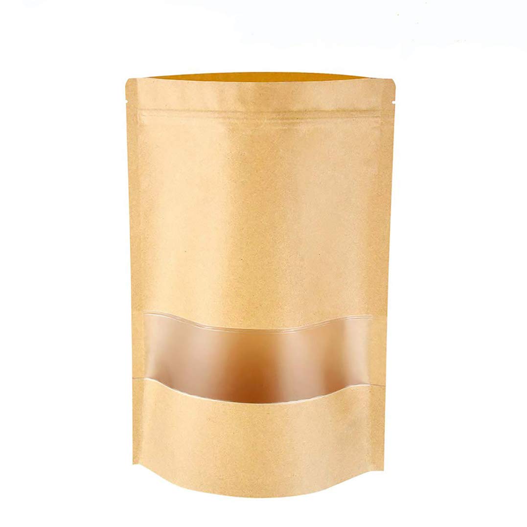 Self-Sealing Kraft Paper Bag 50Pcs with Transparent Window Brown Stand Up Zipper Pouches Can Reusable for Food Tea Coffee Beans Nuts Seeds Dried Fruits 7.1 * 11.8in/18 * 30cm