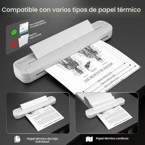 ByteCintia Portable Printer, Travel Bluetooth Thermal Printer, Compatible with iPhone Android and PC, for Telework, Car, Tattoo Templates, White