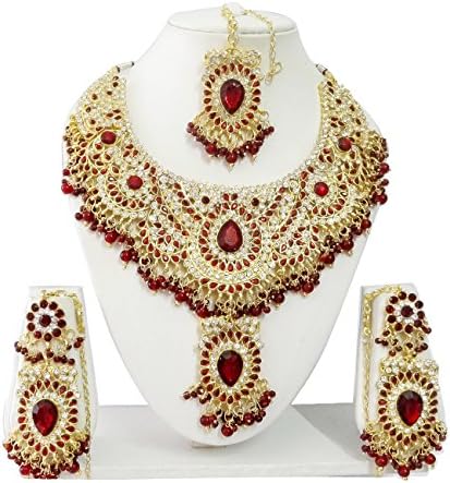 Exquisite Jewels Indian Bollywood Jewelry Set Ethnic Gold plated Necklace set with Earrings and Maang Tikka JS9007 Maroon