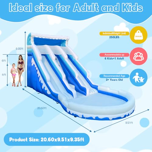 Cessbong Inflatable Water Slide for Kids and Adults with Better Drainage and Durability - Fun Outdoor Play with Easy Setup, Kids Summer Splash Fun (Dual Slide Blue Waves)