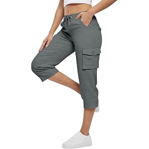 Women's Cargo Capri Pants Elastic Waist Drawstring Cropped Capris Outdoor Sports Walking Pants with Pockets