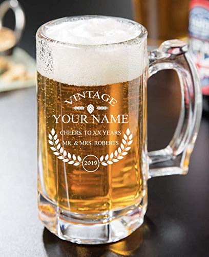 PersonalizedÂ Beer Glass - Custom Engraved Beer Mug, Pint Glass, Pilsner Glass, Pitcher. | Add your own Engraved Text - Vintage Design (Beer Mug 12oz)