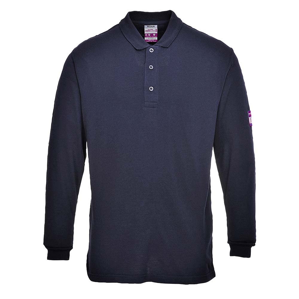 Portwest FR10 Men's Flame Resistant Anti-Static Long Sleeve Polo Shirt - Lightweight Fireproof Welding ESD FR Safety Workwear, Navy, M
