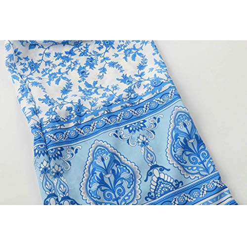 2Piece Womens Boho Casual Outfits Set,Shoulder Tie Floral Print Crop Top Flared Belt Wide Leg Palazzo Pants Suit Blue