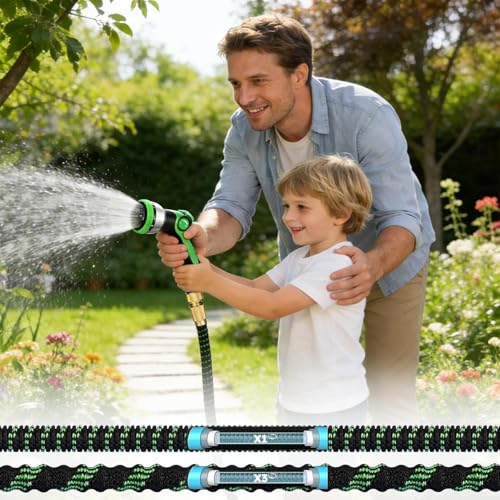 NIUCNIU Expandable Garden Hose Pipe 100FT/30M, 10-Pattern Spray Nozzle, Brass Fittings 1/2" & 3/4", Durable 3750D Fabric, 4-Layer Latex Core, Hose Pipe for Gardening, Car Cleaning, Black&Green