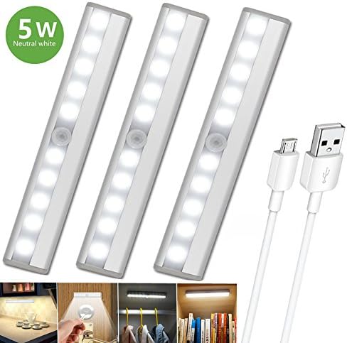 Motion Sensor Closet Light (USB Rechargeable) DIY Stick-on Anywhere Night Light Portable 10-LED Under Cabinet Light Under-Bed Light Stair Step Light Puck Lights with Magnetic Strip(White - Pack of 3)