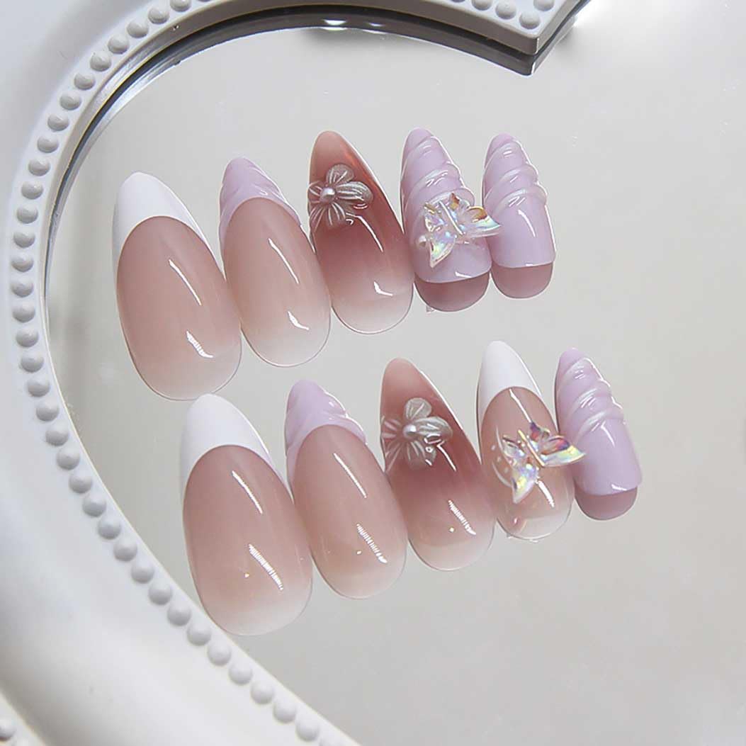 RikView White Press On Nails - Medium French Tips with 3D Design, Almond Shape, Glossy Full Cover - 24 PCs/Set - Image 2