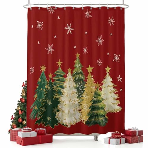Huotupsine Red Christmas Tree Shower Curtain Set - Extra Long 72" x 96" Green Golden Xmas Tree Washable Bathtub Curtain with 12 Hooks, Snowflake Waterproof Fabric Stall Shower Curtains for Bathroom at Amazon