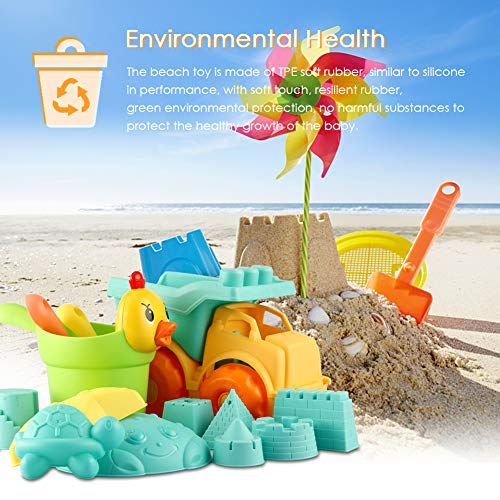 MINGPINHUIUS Toddlers Beach Toys Kids Beach Sand Toy Set with Dump Truck Duck Bucket and Mesh Bag Soft Plastic Material (13 pcs) - Thumbnail 4
