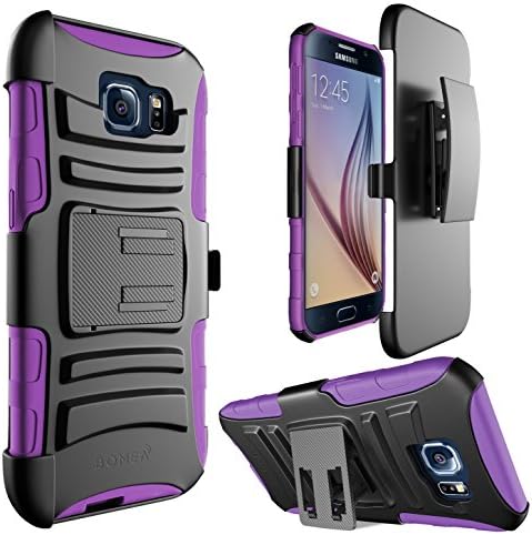 Galaxy S6 Case - Bomea [Impact Armor] Galaxy S6 Belt Clip Case Holster Cover Hard Case with Soft Protector Inner Skin and Kickstand For Samsung Galaxy S6 Phone - Armor Protector Holster Case with Swivel Belt Clip - AT&amp;T T-Mobile Verizon Sprint Unlocked Versions - Black / Purple