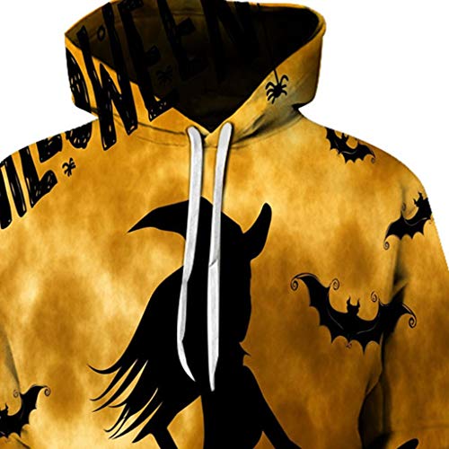Jessie storee Helloween Hooded Sweatshirt 3D Printed Witch Bat Silhouette Print Pullover Hoodie for Men Couples Unisex Horror Clothing Large Size Sweater Loose Baseball Uniform Tide,Yellow,L - Thumbnail 4