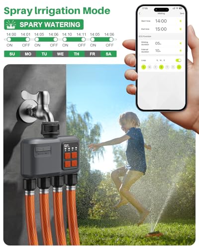 johgee 4 Way WiFi Irrigation Timer with RF 300M Technology, WiFi Irrigation Control, Compatible with Alexa & App, Watering Timer with 2 Modes & Rain Delay for Garden, Lawn